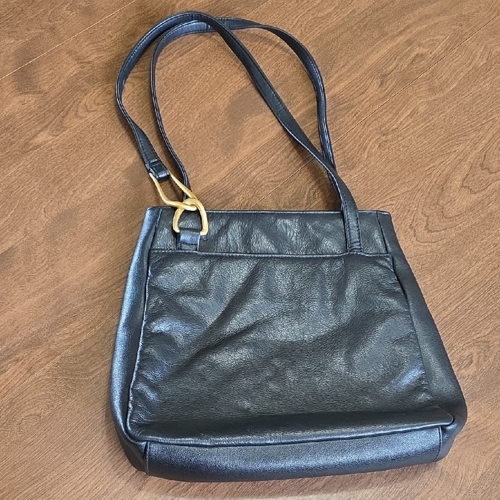 Elegant Black Faux Quality Leather Shoulder Bag Mediun Size Gold Details